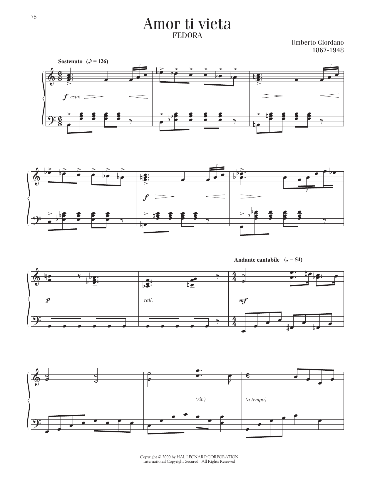 Umberto Giordano Amor Ti Vieta sheet music notes printable PDF score