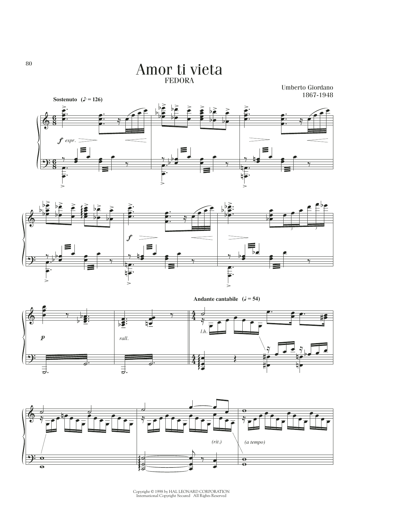 Umberto Giordano Amor Ti Vieta sheet music notes printable PDF score