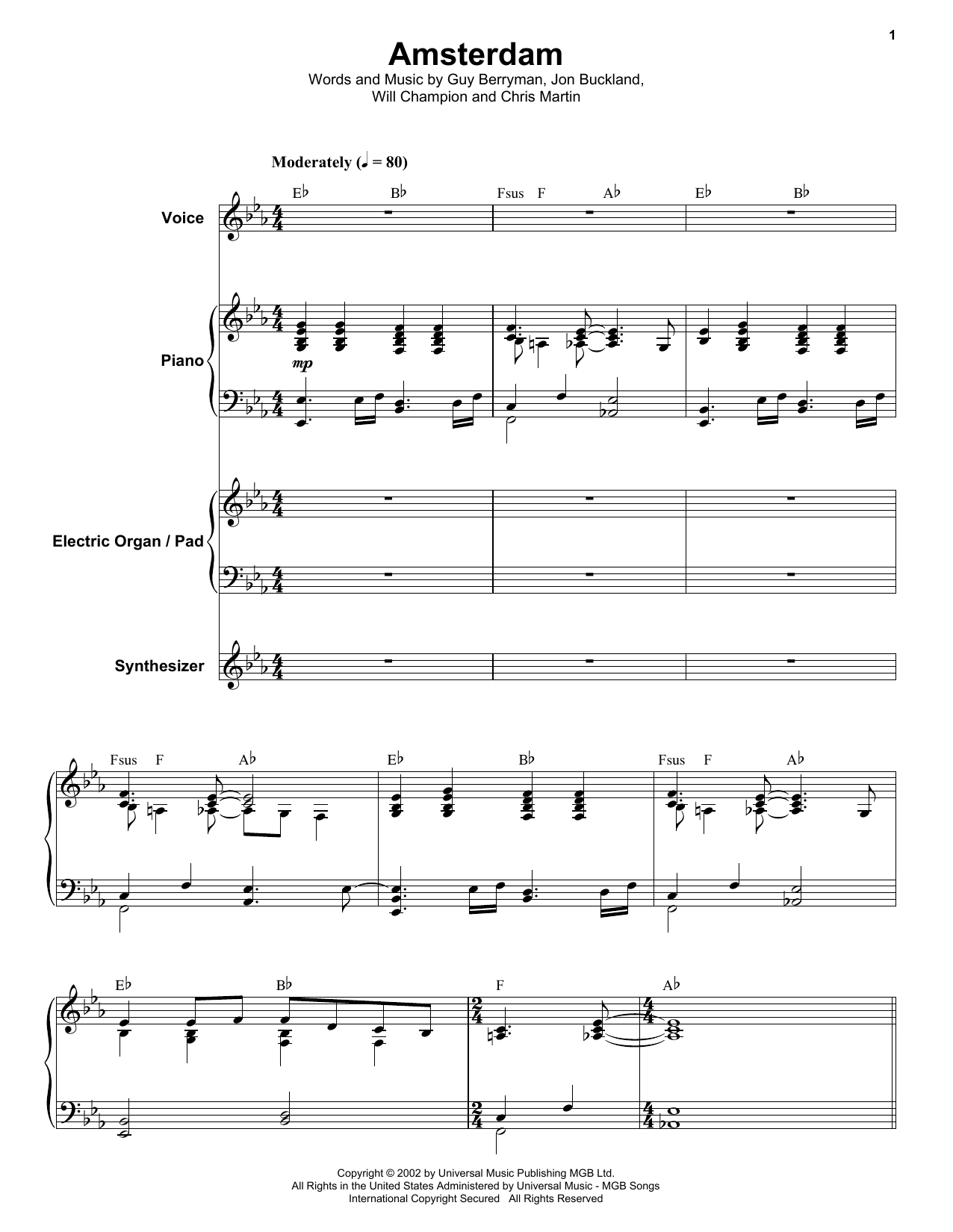 Download Coldplay Amsterdam Sheet Music