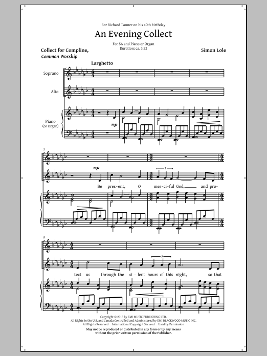 Download Simon Lole An Evening Collect Sheet Music