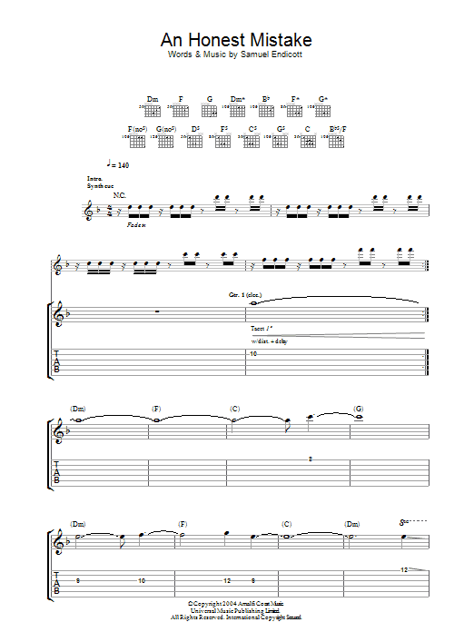 Download The Bravery Honest Mistake Sheet Music
