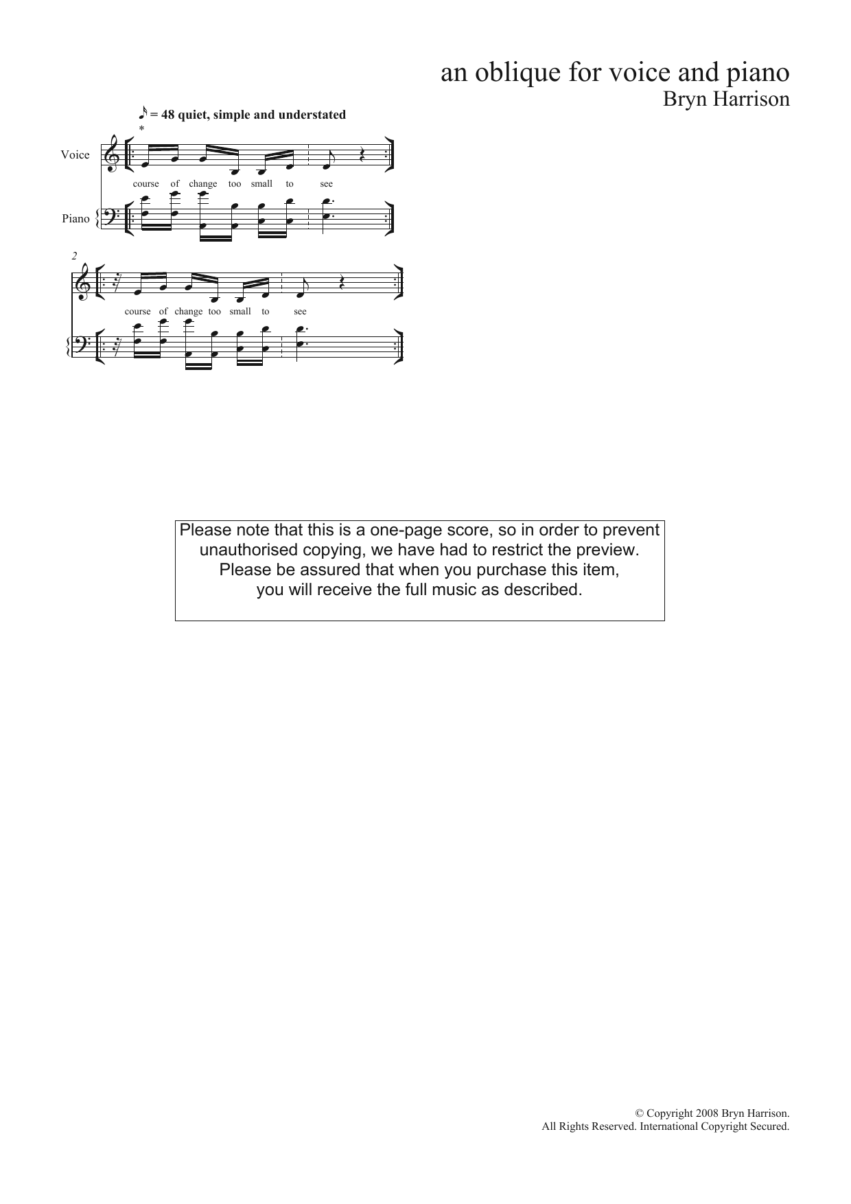 Download Bryn Harrison An Oblique (for mezzo-soprano & piano) Sheet Music