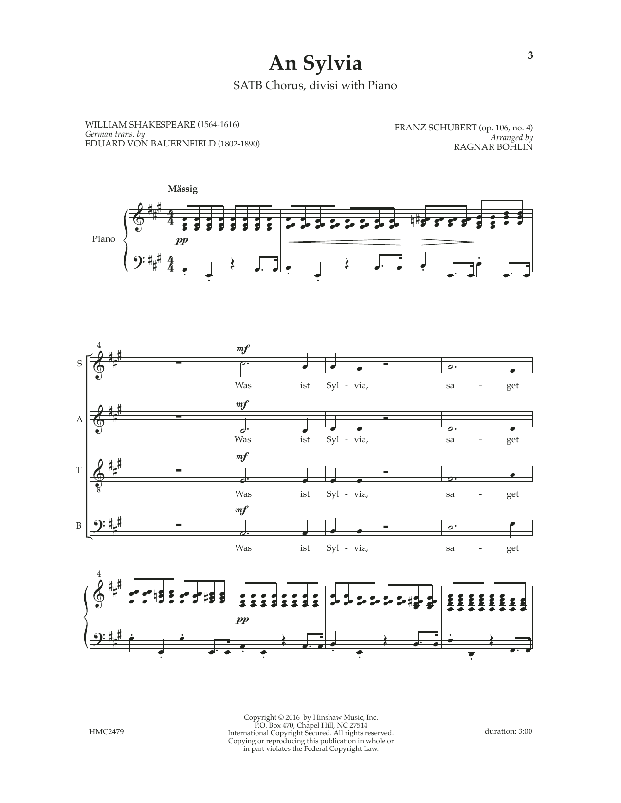 Download Franz Schubert An Sylvia (op. 106, No. 4) (arr. Ragnar Sheet Music