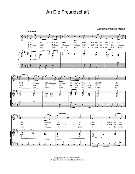Download Wolfgang Amadeus Mozart An Die Freundschaft K.148 Sheet Music