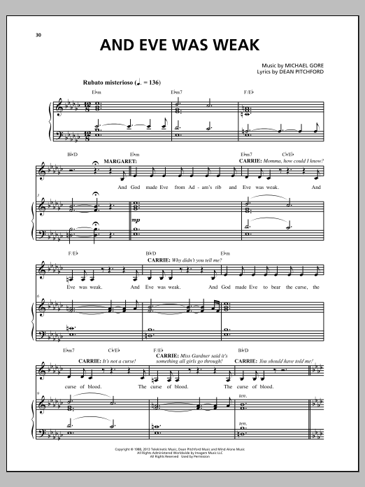 Download Michael Gore And Eve Was Weak (from Carrie The Music Sheet Music
