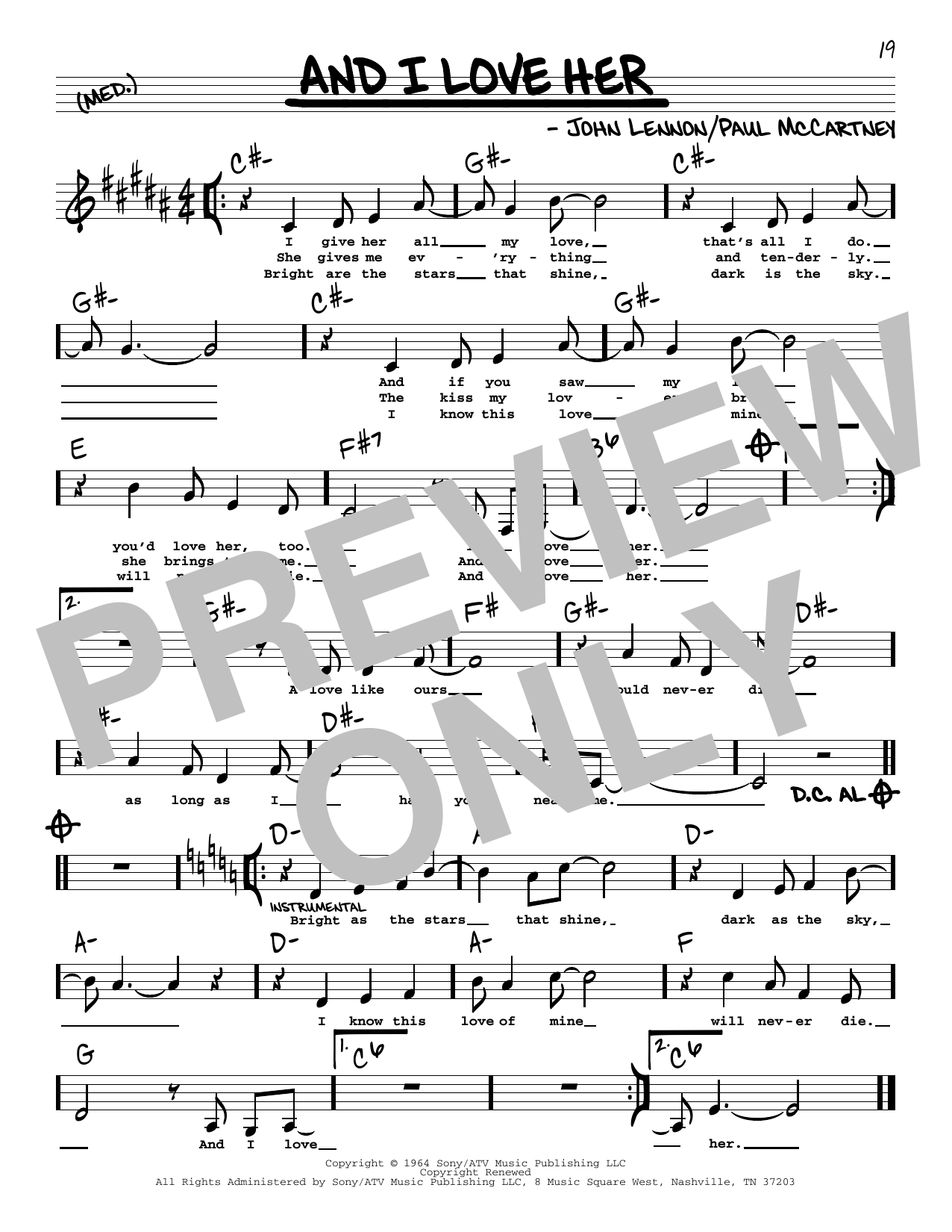 Download The Beatles And I Love Her (Low Voice) Sheet Music