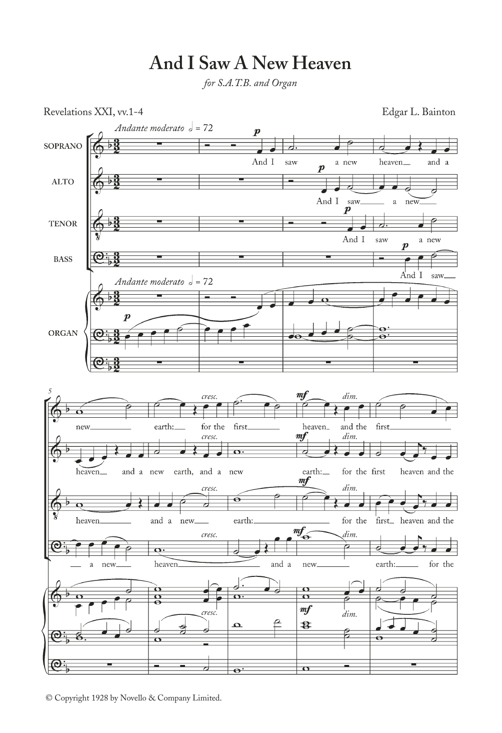 Download Edgar Bainton And I Saw A New Heaven Sheet Music