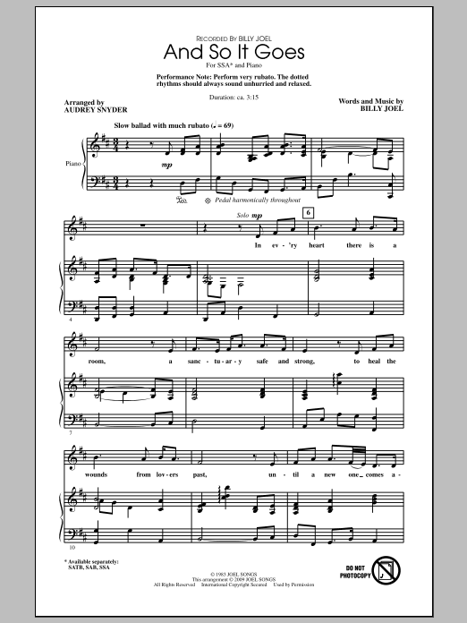 Download Billy Joel And So It Goes (arr. Audrey Snyder) Sheet Music