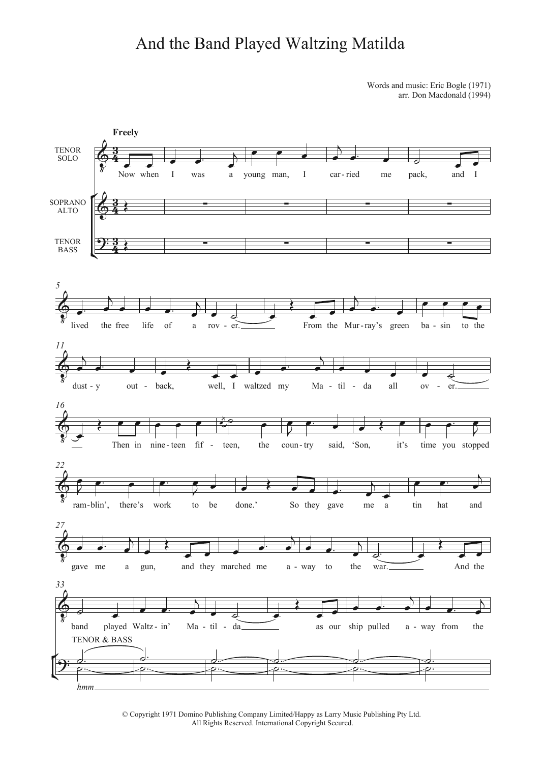 Download Eric Bogle And The Band Played Waltzing Matilda Sheet Music
