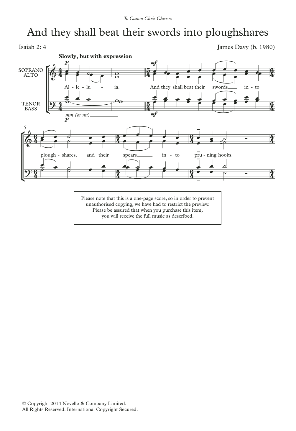 Download James Davy And They Shall Beat Their Swords Into P Sheet Music