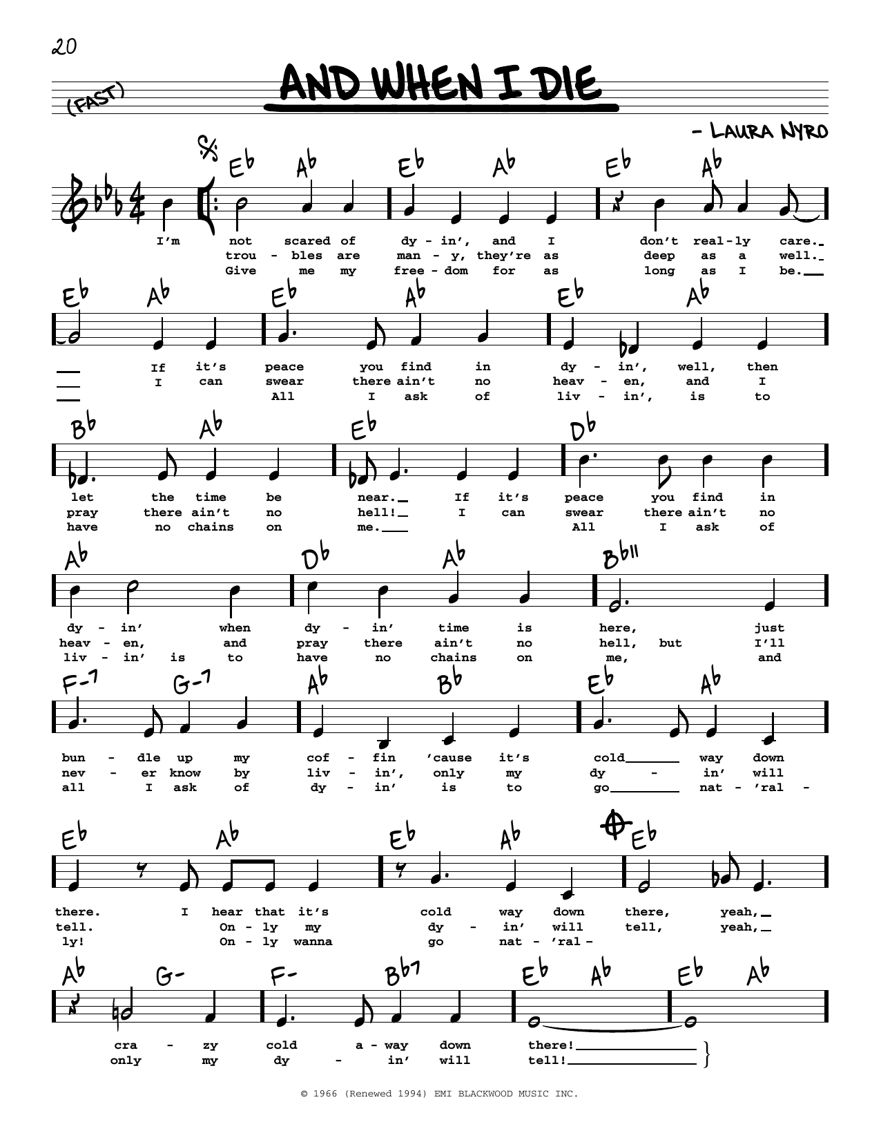 Download Laura Nyro And When I Die (High Voice) Sheet Music