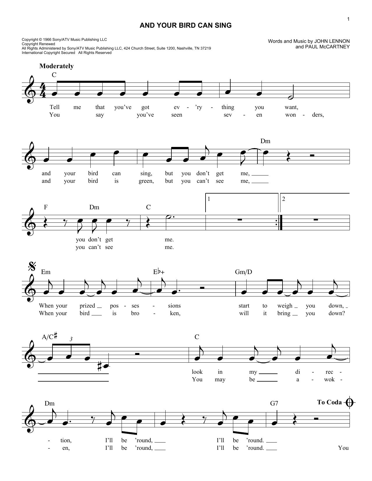 Download The Beatles And Your Bird Can Sing Sheet Music