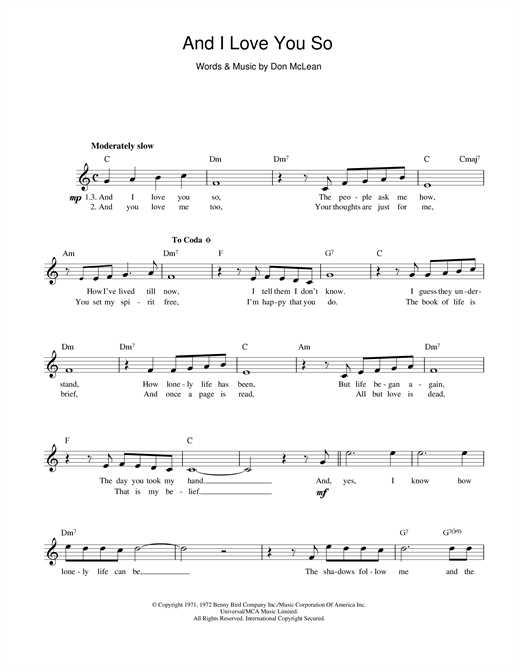 Don McLean And I Love You So sheet music notes printable PDF score