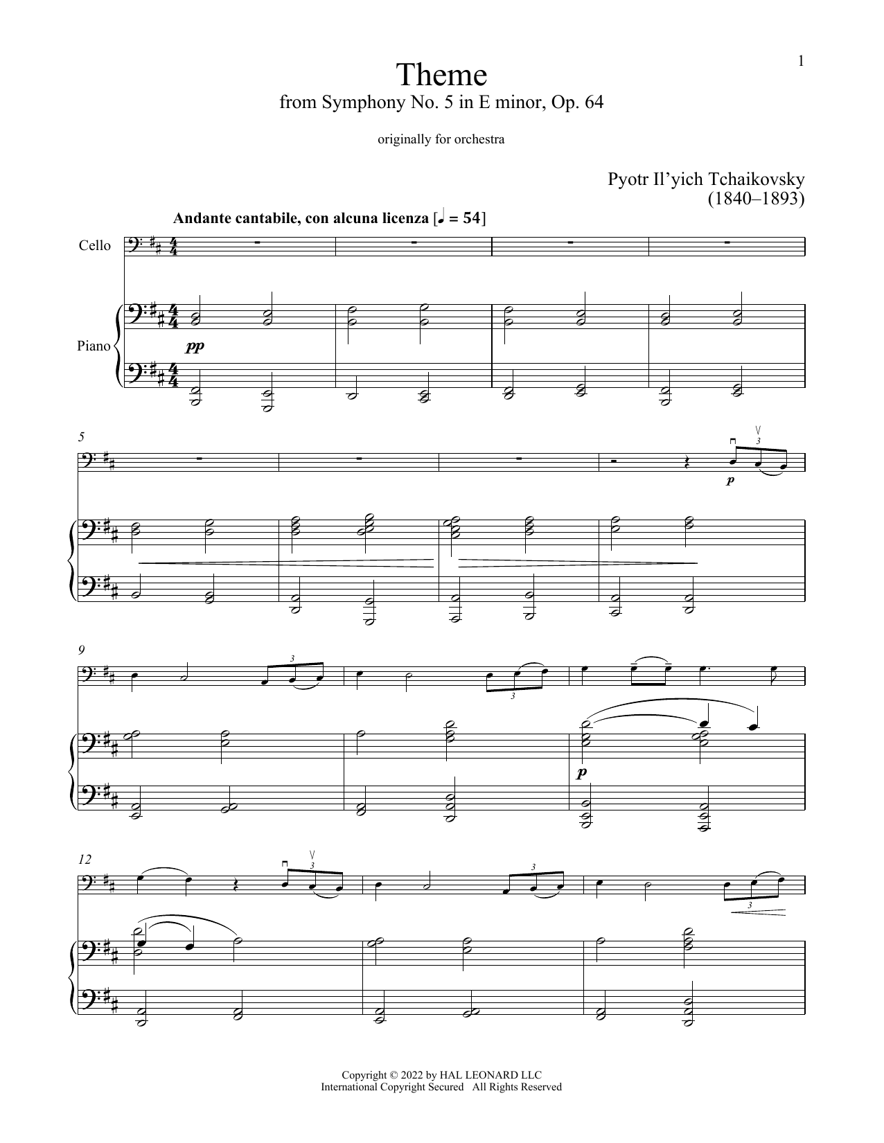 Download Pyotr Il'yich Tchaikovsky Andante Cantabile Sheet Music