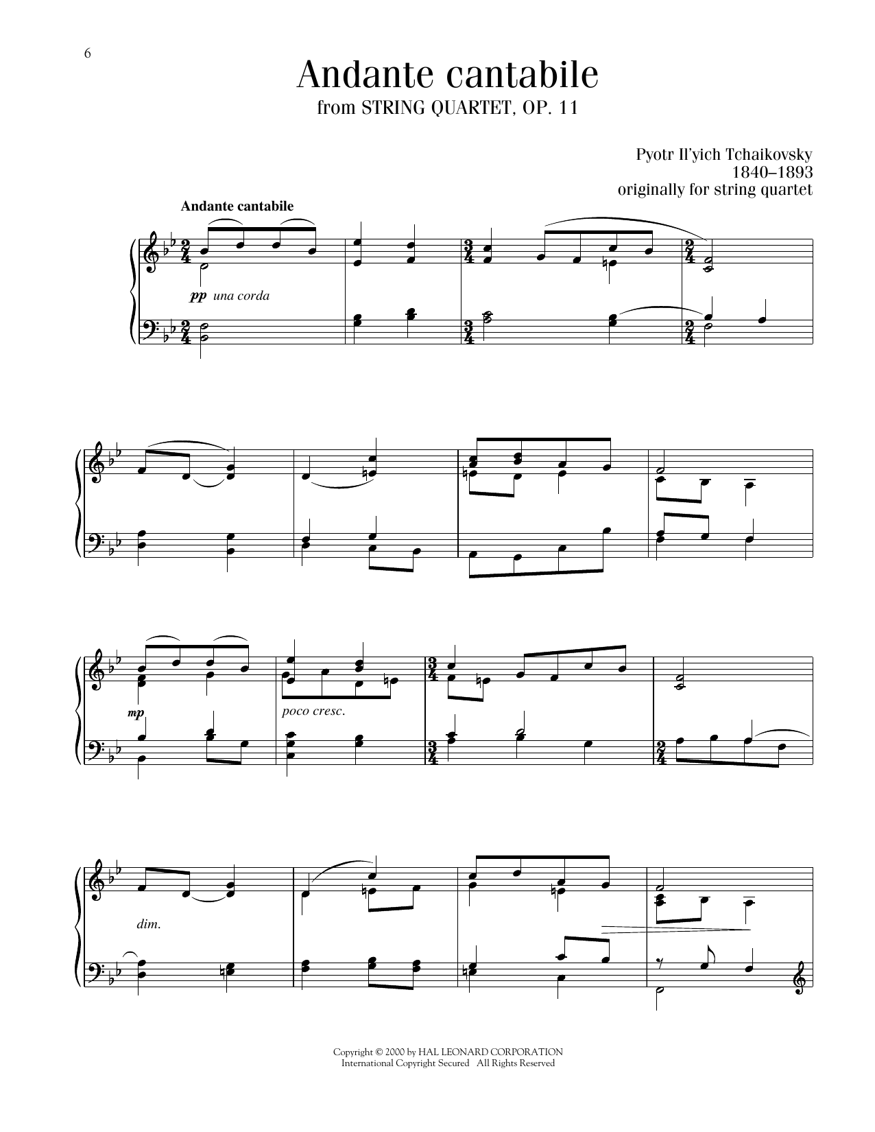 Pyotr Il'yich Tchaikovsky Andante Cantabile sheet music notes printable PDF score