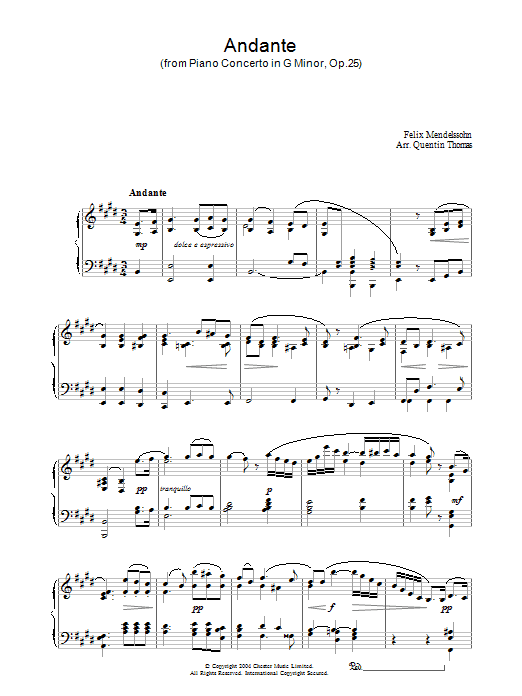 Download Felix Mendelssohn Andante From Piano Concerto In G Minor, Sheet Music