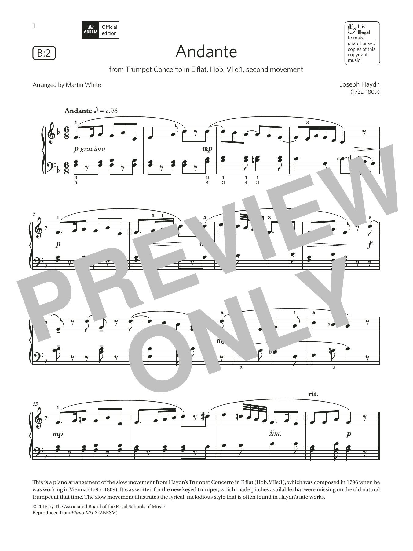 Download Joseph Haydn Andante (Grade 3, list B2, from the ABR Sheet Music