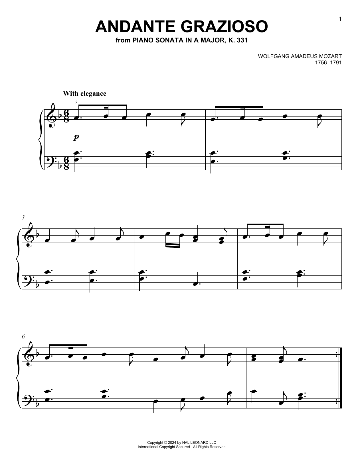 Wolfgang Amadeus Mozart Andante Grazioso, K. 331 (Theme) sheet music notes printable PDF score