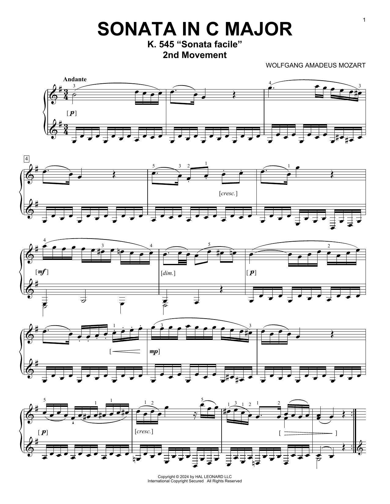Wolfgang Amadeus Mozart Andante In G Major, K. 545 sheet music notes printable PDF score