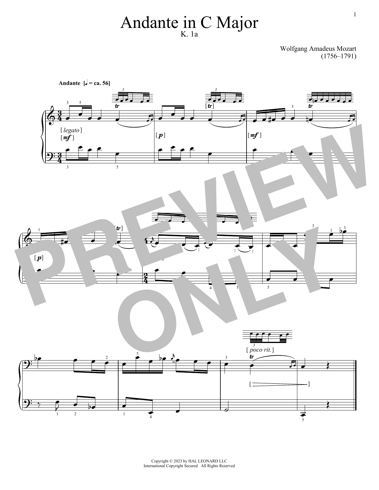 Download Wolfgang Amadeus Mozart Andante, K. 1A Sheet Music