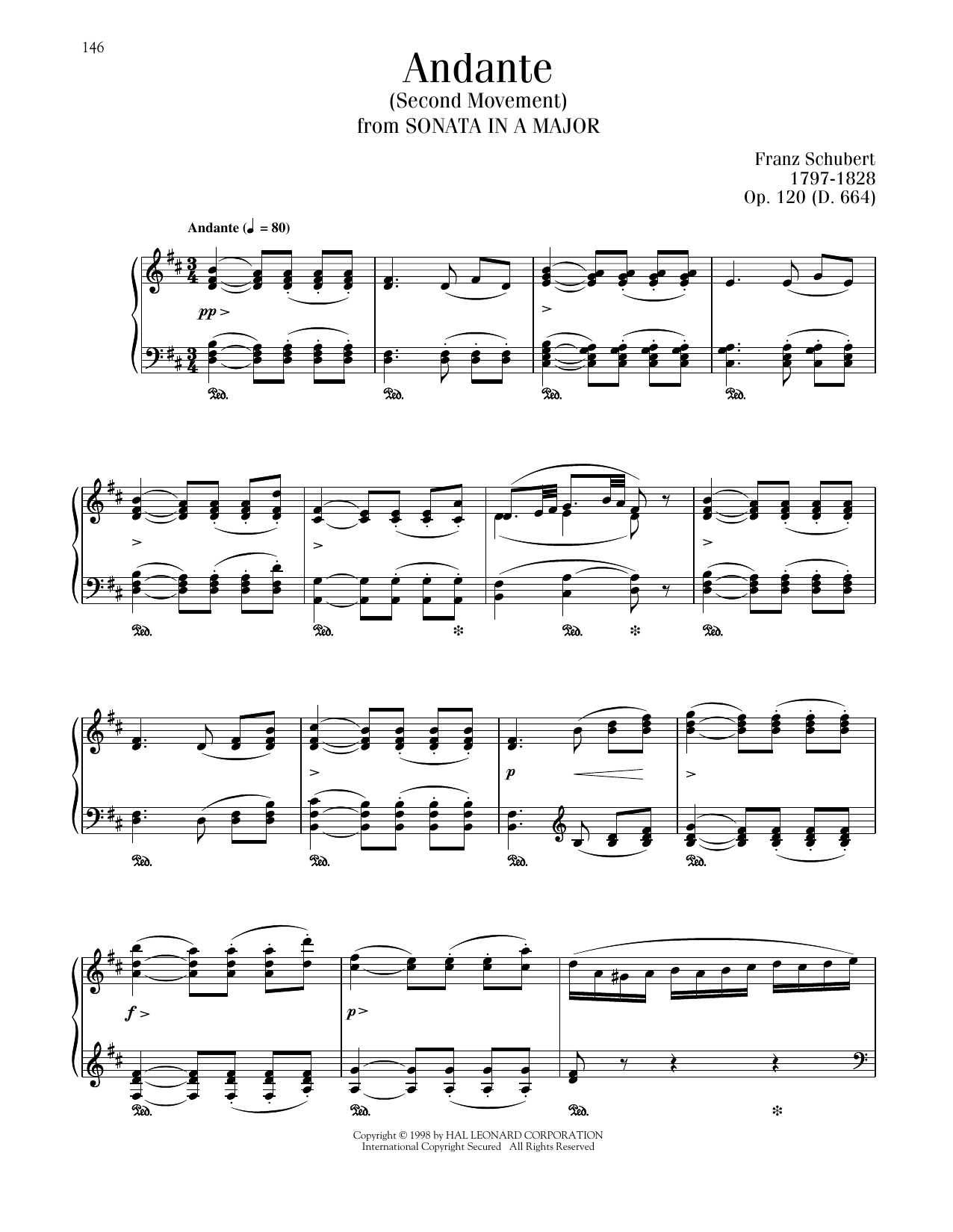Franz Schubert Andante, Op. 120, D. 664, Second Movement sheet music notes printable PDF score