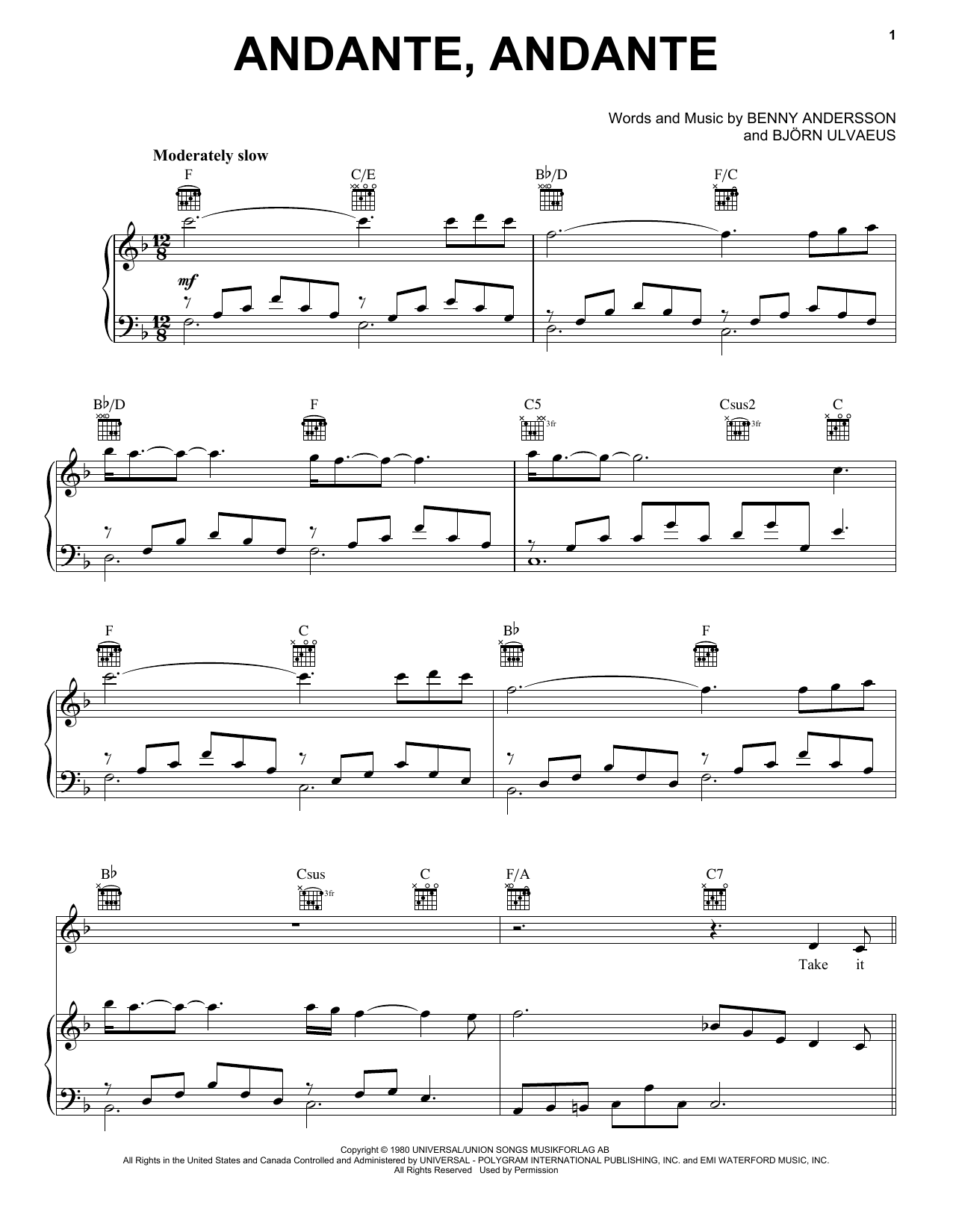 ABBA Andante, Andante (from Mamma Mia! Here We Go Again) sheet music notes printable PDF score