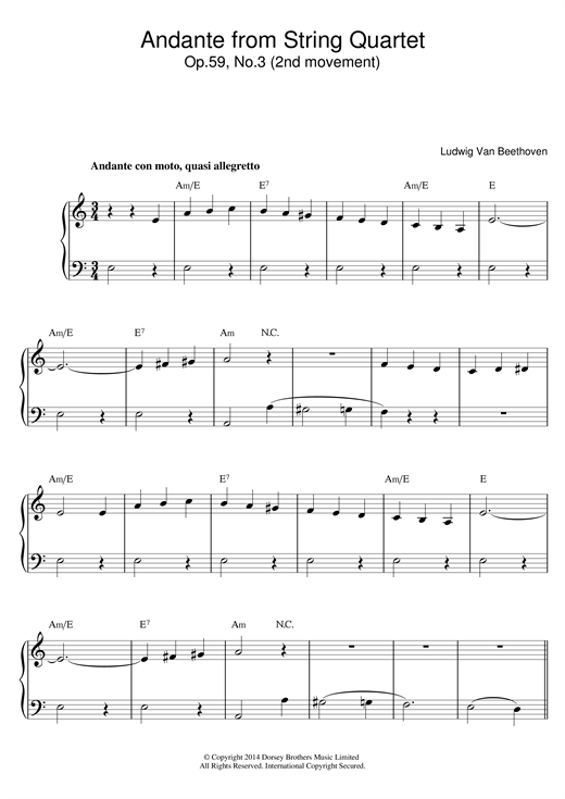 Download Ludwig van Beethoven Andante from String Quartet Op.59, No.3 Sheet Music