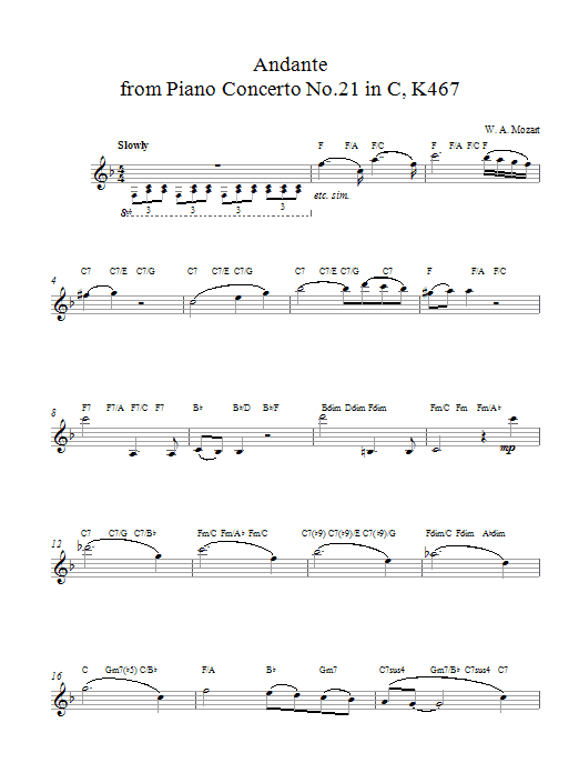 Wolfgang Amadeus Mozart Andante from Piano Concerto in C Major (Elvira Madigan) K467 sheet music notes printable PDF score