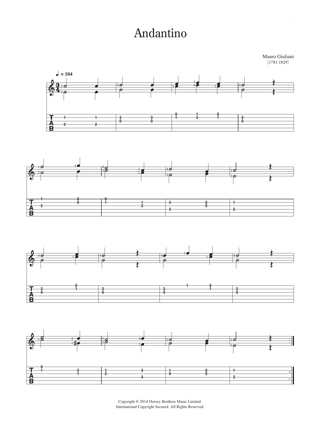 Download Mauro Giuliani Andantino Sheet Music