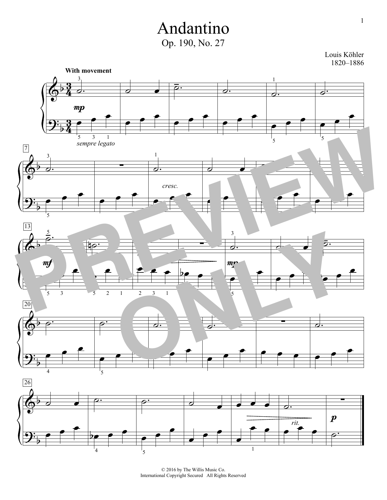 Download Louis Kohler Andantino, Op. 190, No. 27 Sheet Music