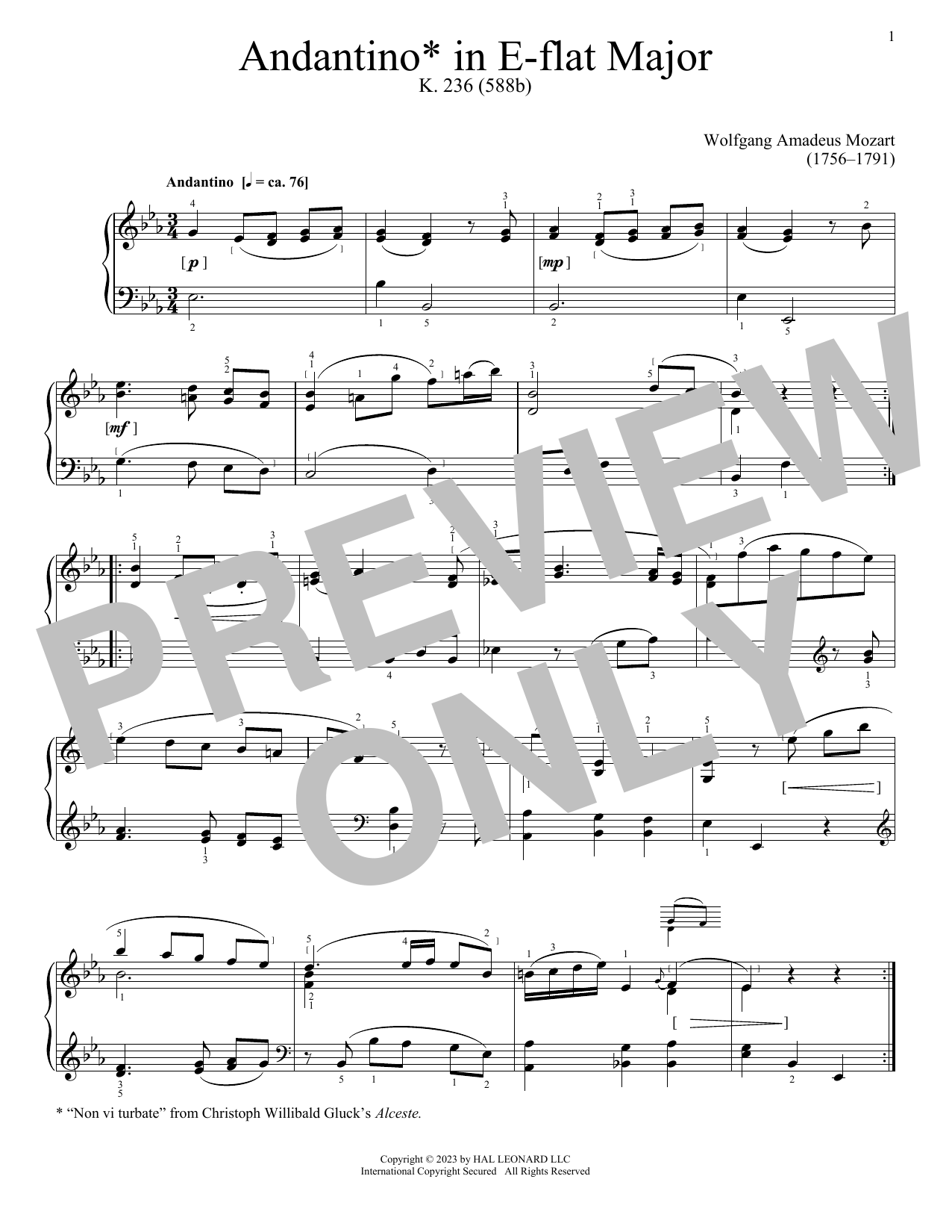 Download Wolfgang Amadeus Mozart Andantino in E Flat Sheet Music