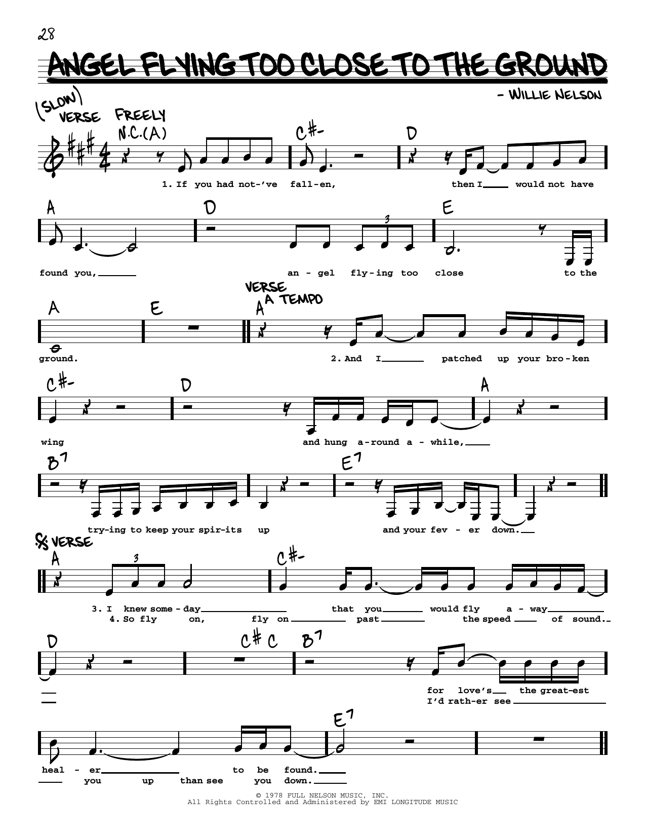 Download Willie Nelson Angel Flying Too Close To The Ground Sheet Music