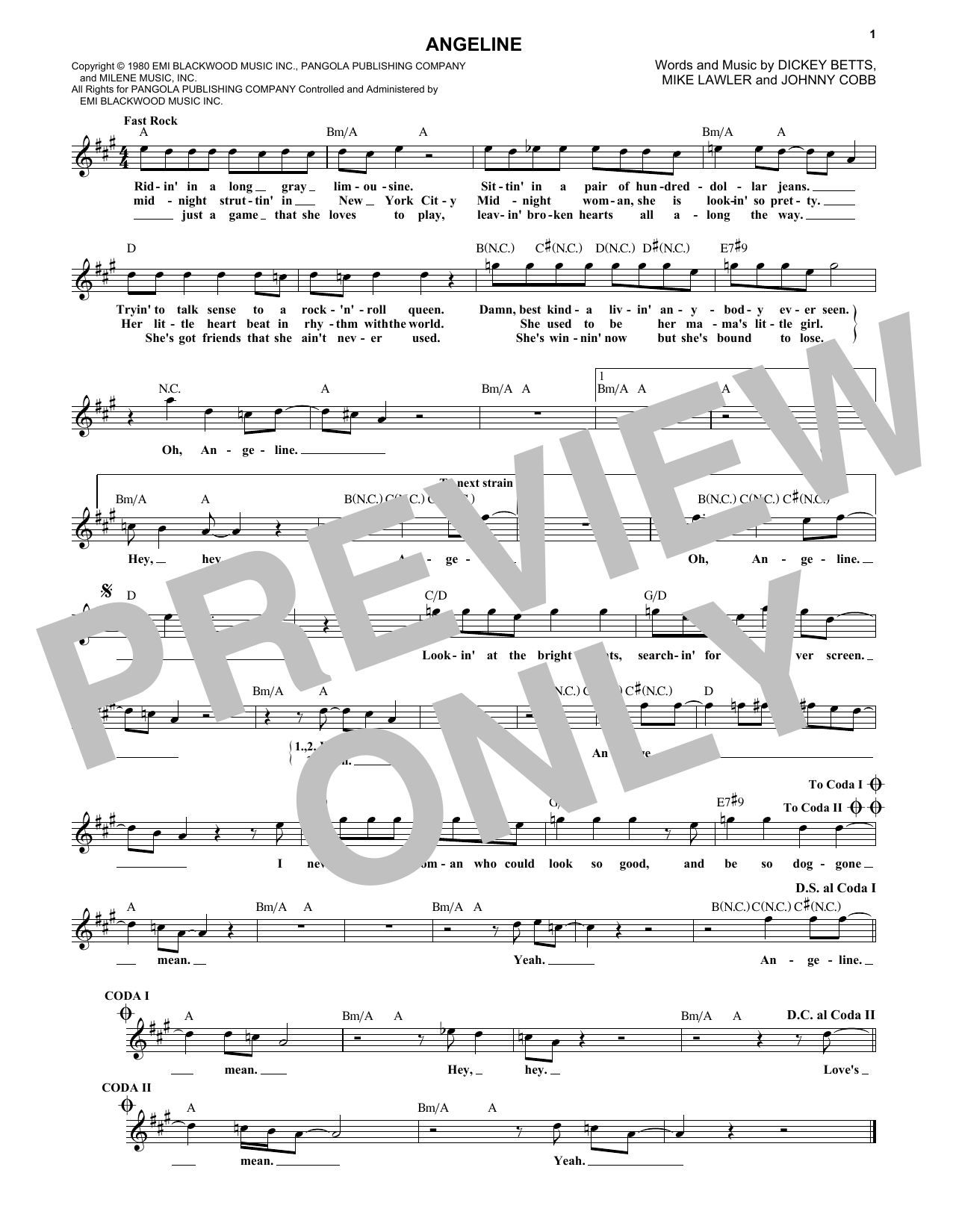 Download The Allman Brothers Band Angeline Sheet Music