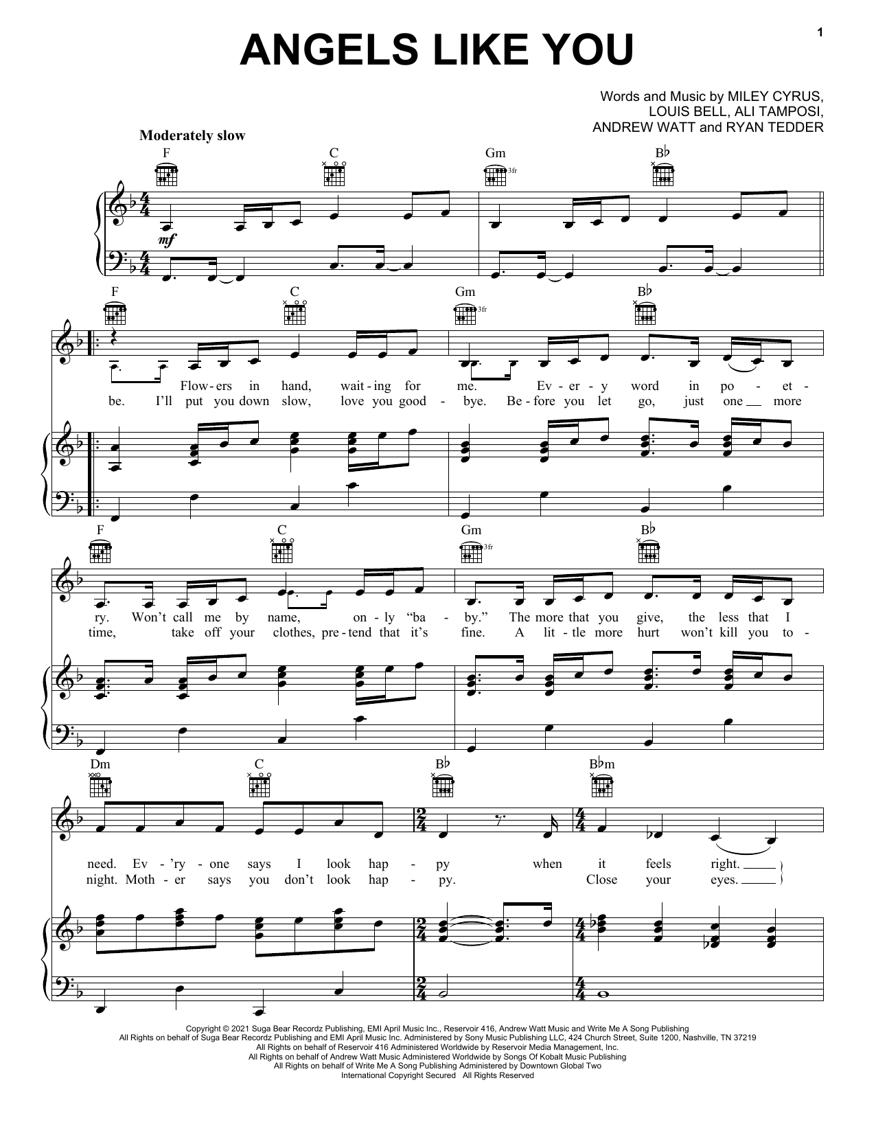 Download Miley Cyrus Angels Like You Sheet Music