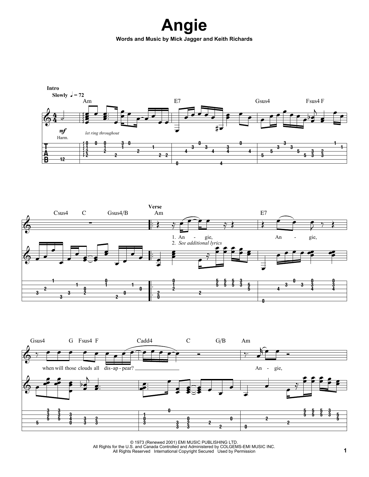 The Rolling Stones Angie sheet music notes printable PDF score