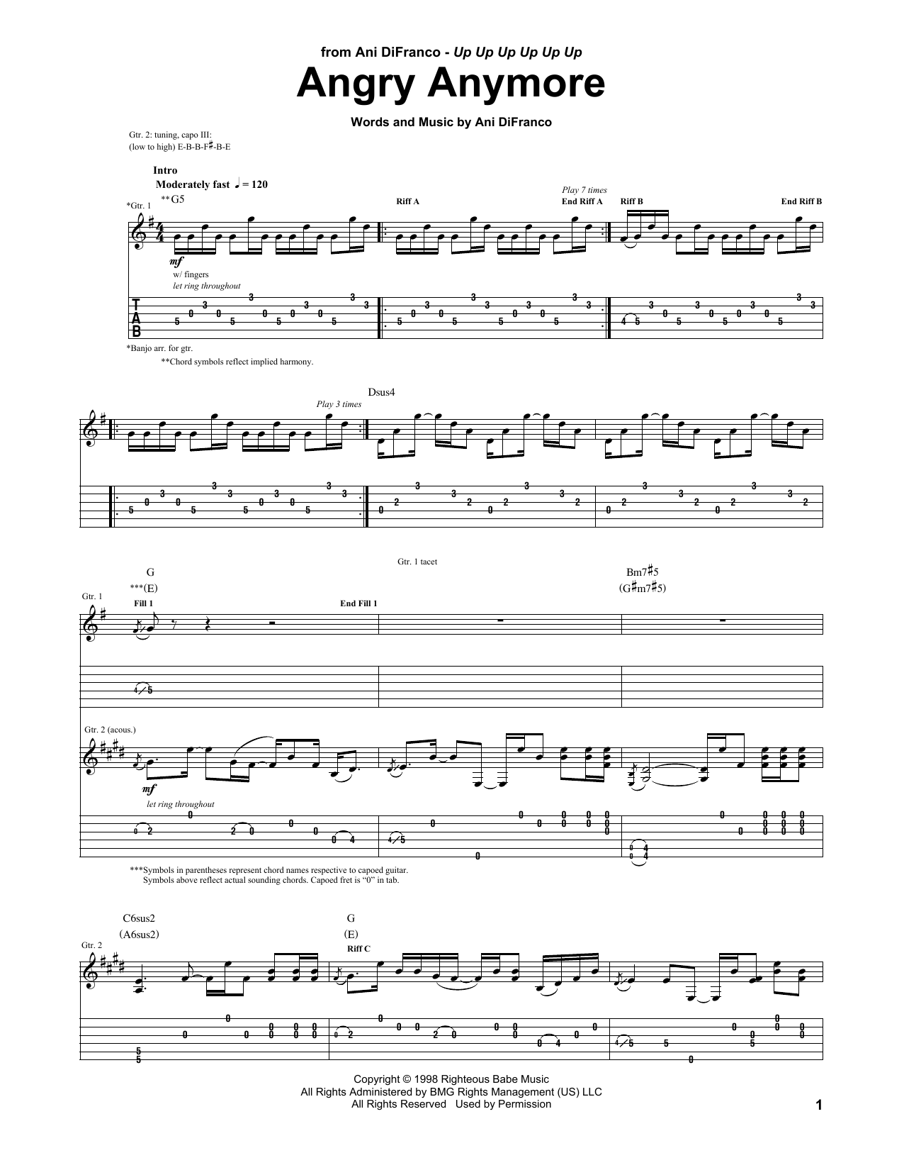 Download Ani DiFranco Angry Anymore Sheet Music