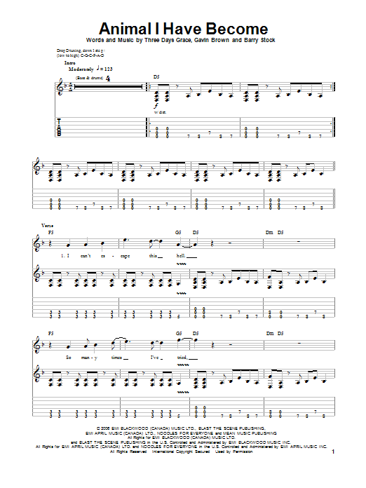 Download Three Days Grace Animal I Have Become Sheet Music