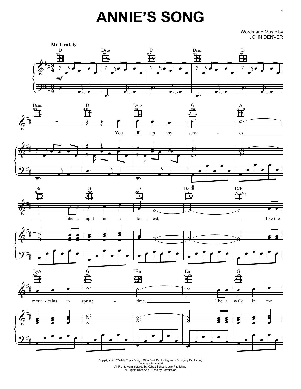 John Denver Annie's Song sheet music notes printable PDF score