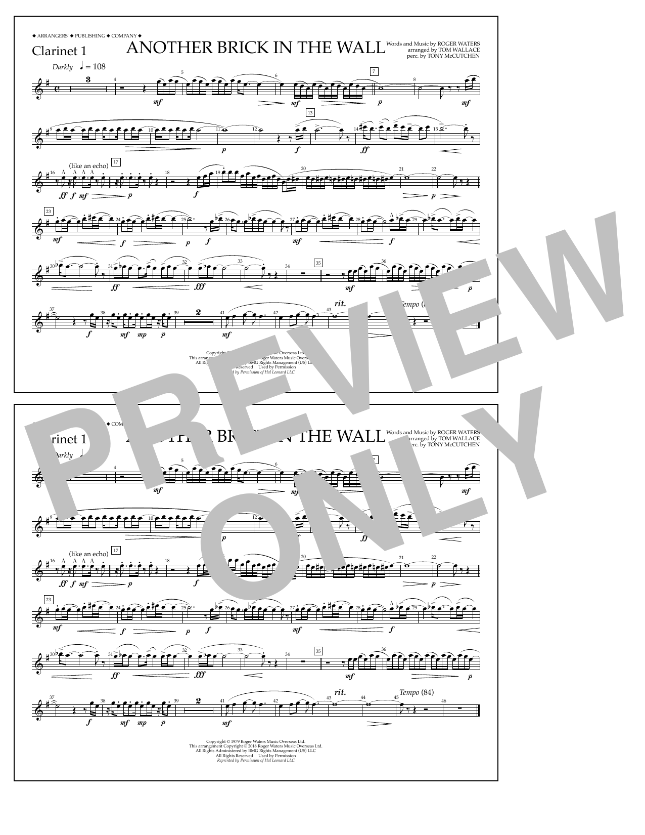 Download Tom Wallace Another Brick in the Wall - Clarinet 1 Sheet Music