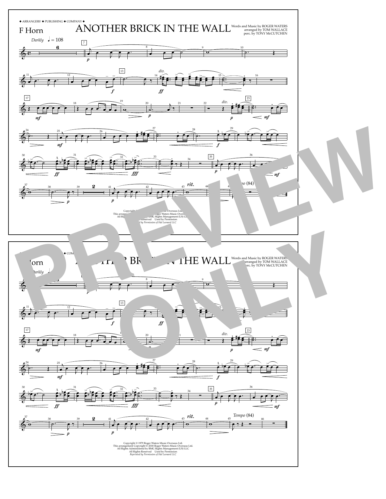 Download Tom Wallace Another Brick in the Wall - F Horn Sheet Music