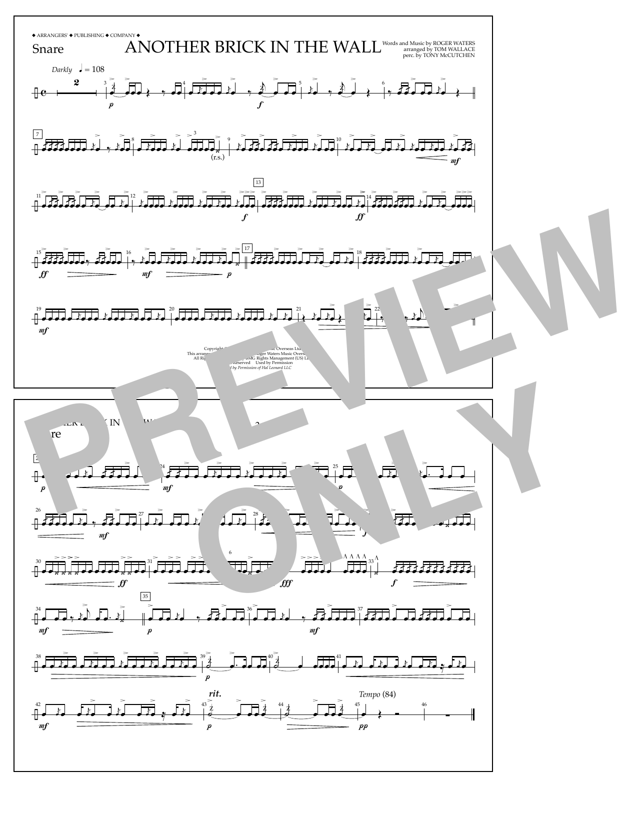 Download Tom Wallace Another Brick in the Wall - Snare Sheet Music