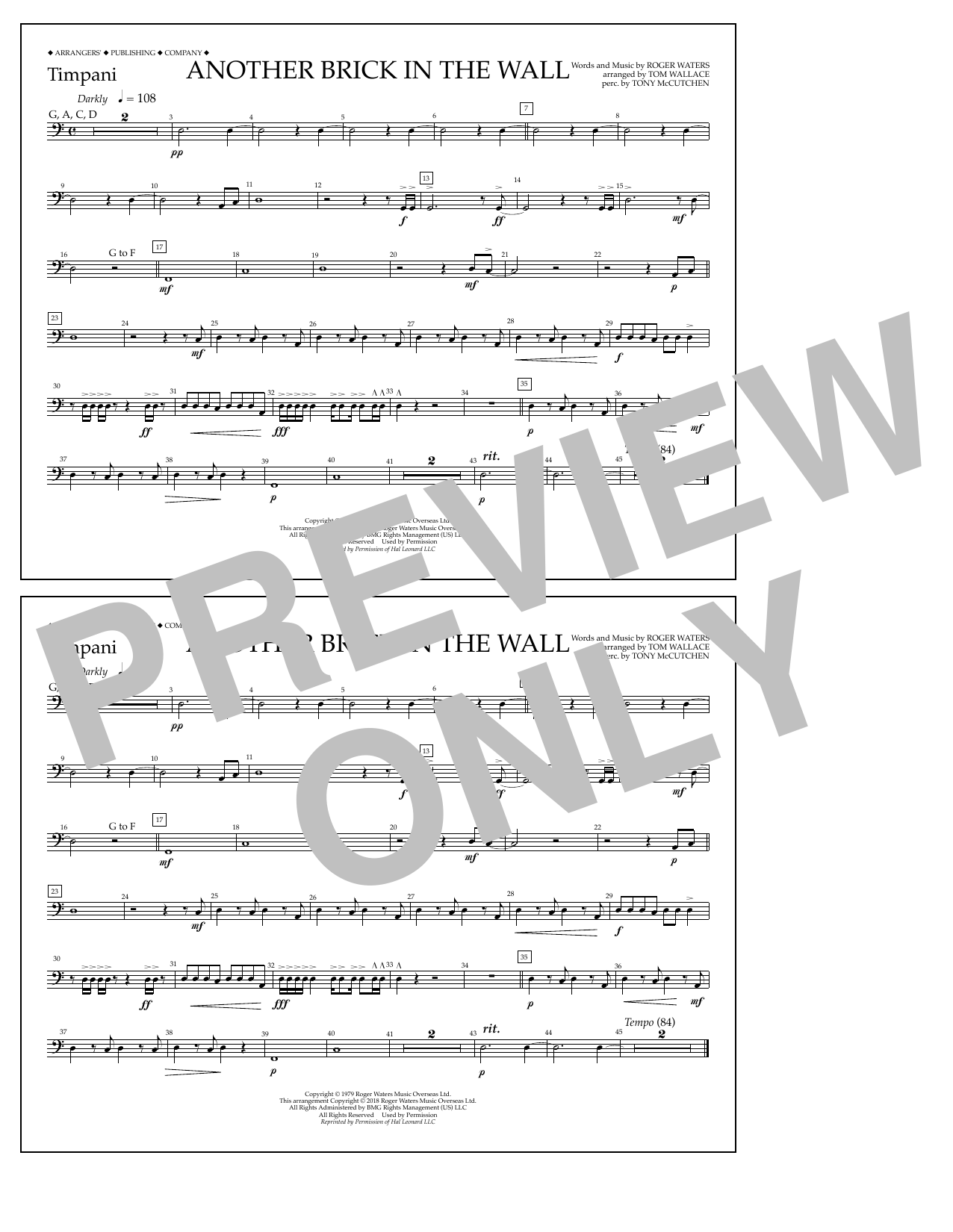 Download Tom Wallace Another Brick in the Wall - Timpani Sheet Music