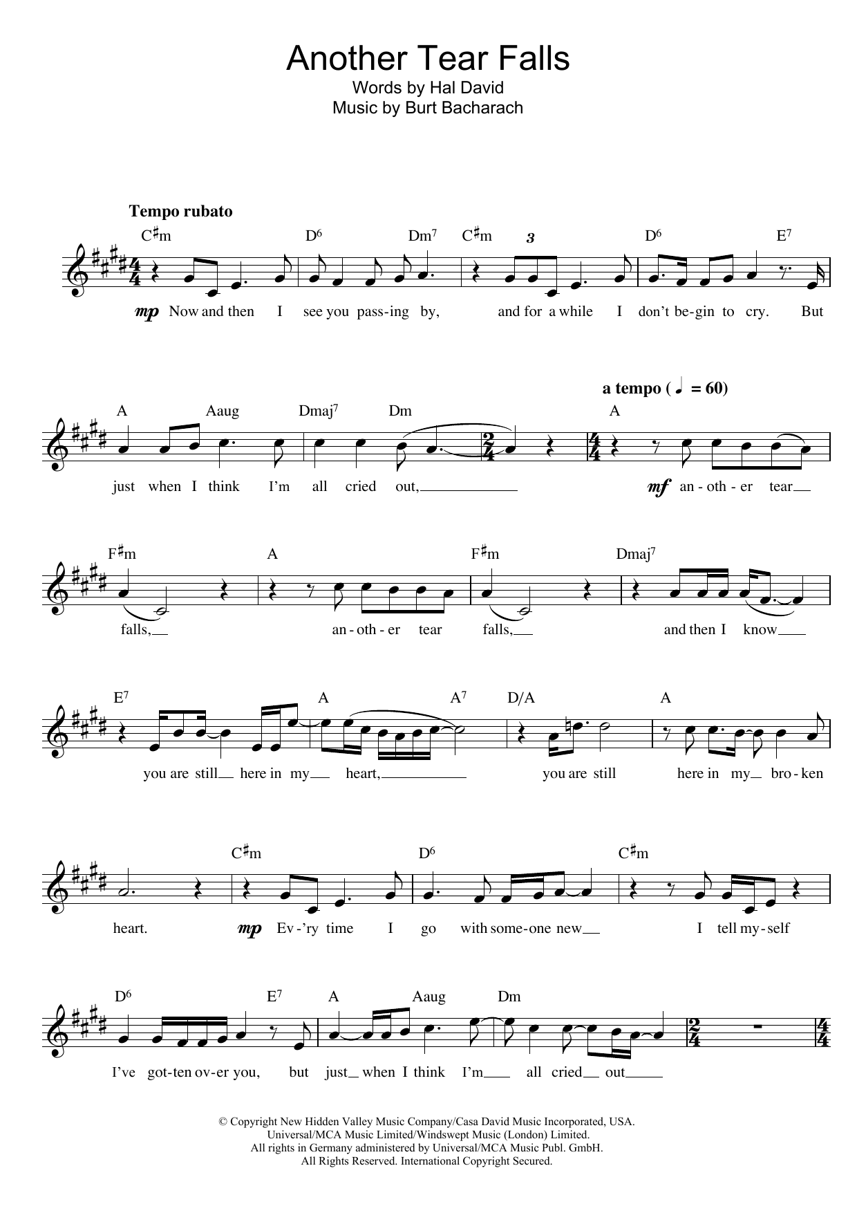 Bacharach & David Another Tear Falls sheet music notes printable PDF score