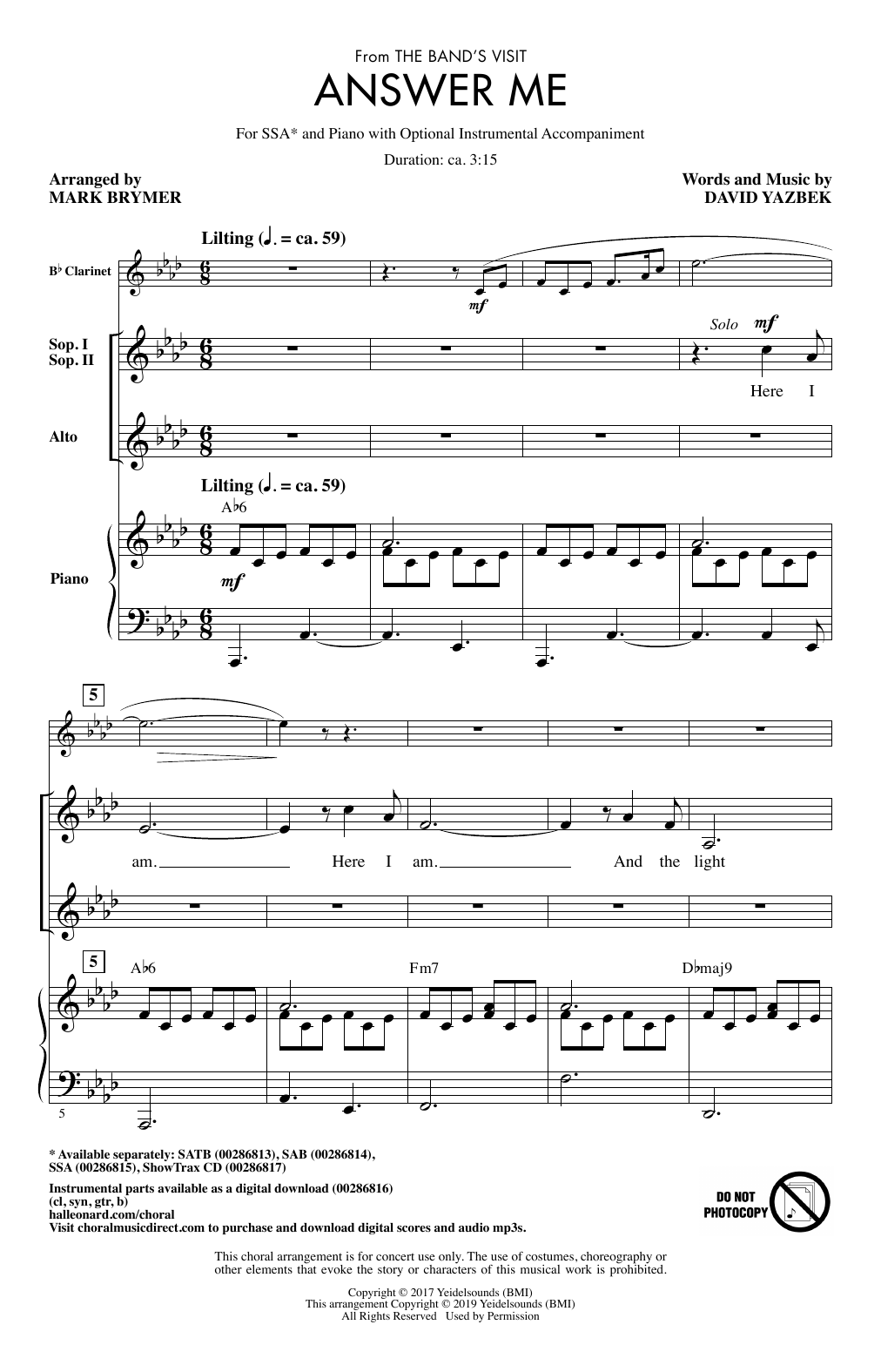 Download David Yazbek Answer Me (from The Band's Visit) (arr. Sheet Music