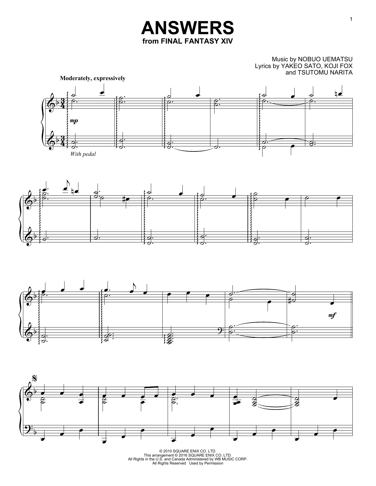 Download Yakeo Sato Answers (from Final Fantasy XIV) Sheet Music