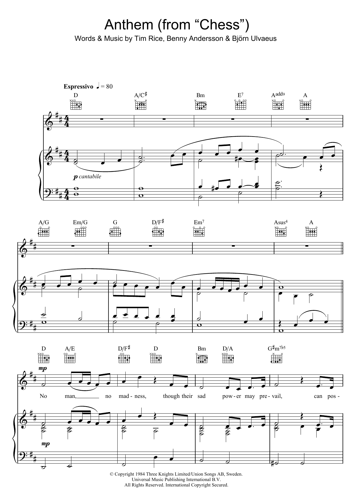 Download Rhydian Anthem (from Chess) Sheet Music