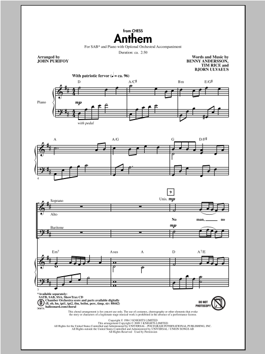 Download Andersson and Ulvaeus Anthem (from Chess) (arr. John Purifoy) Sheet Music