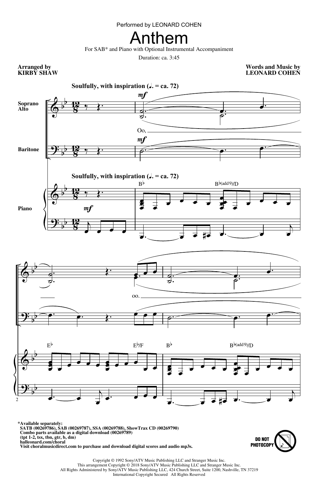 Download Leonard Cohen Anthem (arr. Kirby Shaw) Sheet Music