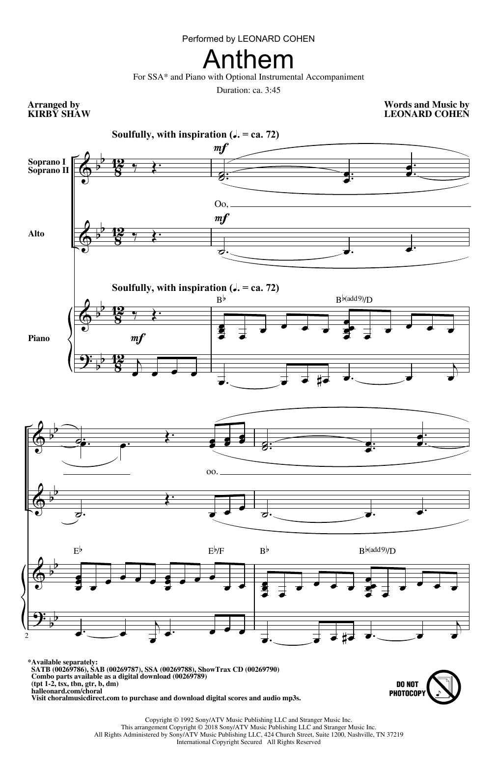 Download Leonard Cohen Anthem (arr. Kirby Shaw) Sheet Music