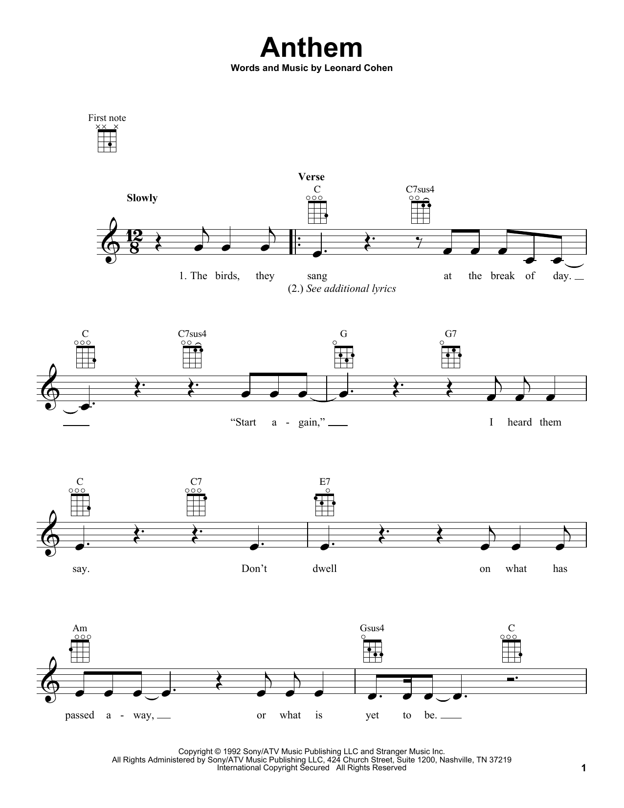 Download Leonard Cohen Anthem Sheet Music